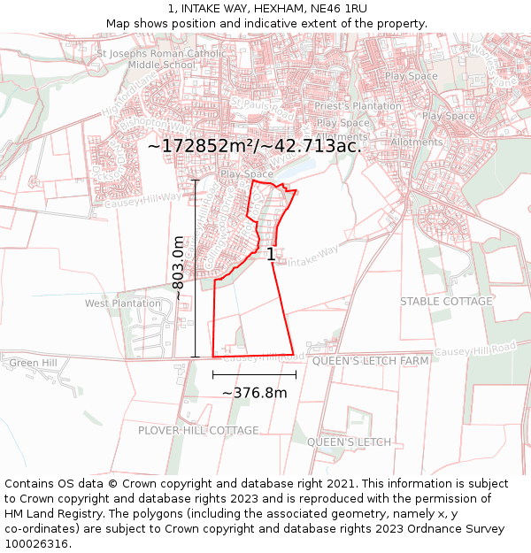 1, INTAKE WAY, HEXHAM, NE46 1RU: Plot and title map