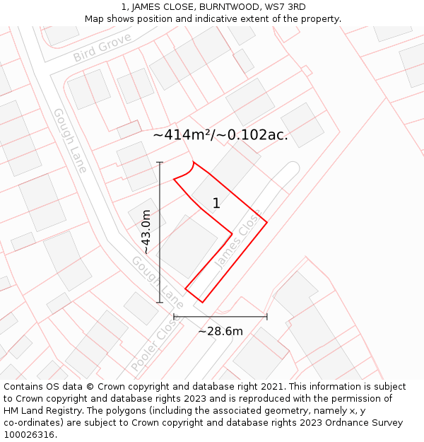 1, JAMES CLOSE, BURNTWOOD, WS7 3RD: Plot and title map
