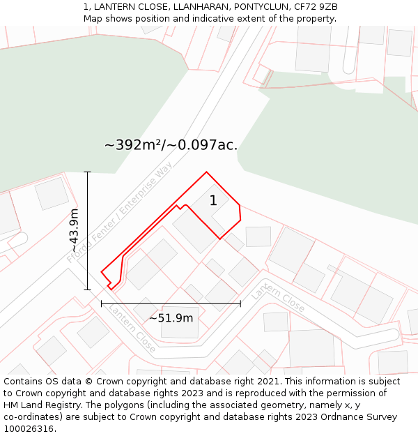 1, LANTERN CLOSE, LLANHARAN, PONTYCLUN, CF72 9ZB: Plot and title map