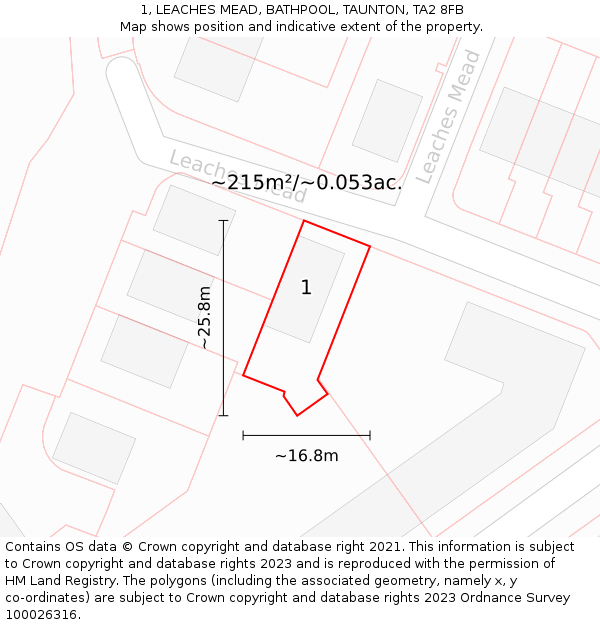 1, LEACHES MEAD, BATHPOOL, TAUNTON, TA2 8FB: Plot and title map