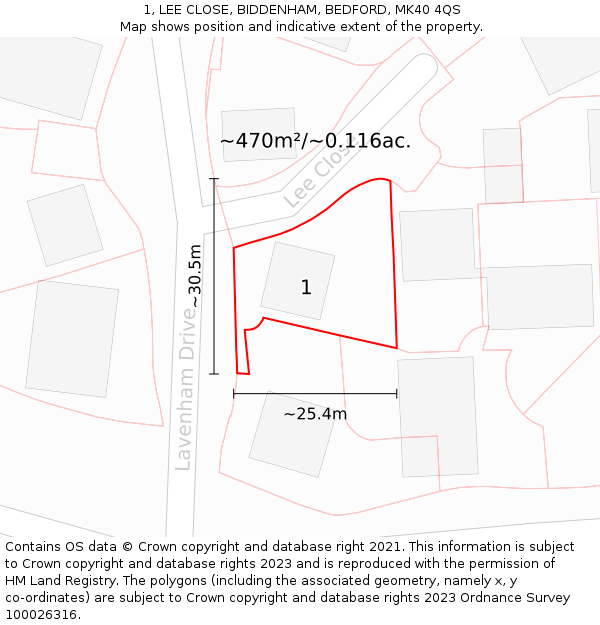 1, LEE CLOSE, BIDDENHAM, BEDFORD, MK40 4QS: Plot and title map