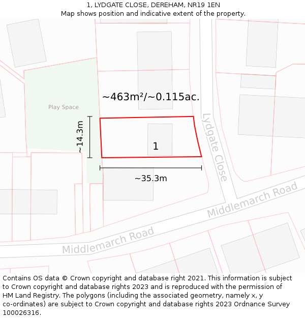 1, LYDGATE CLOSE, DEREHAM, NR19 1EN: Plot and title map