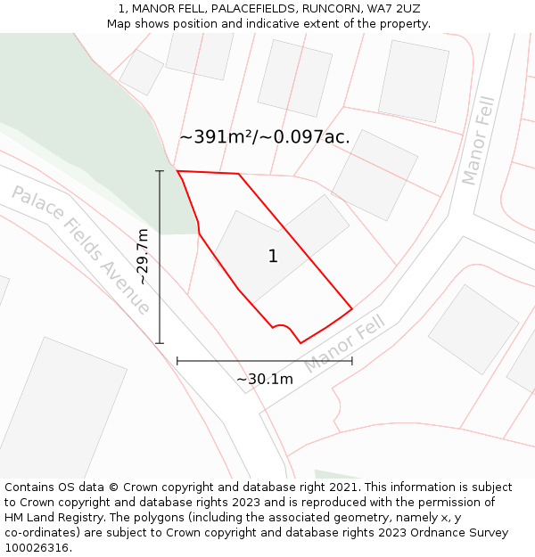 1, MANOR FELL, PALACEFIELDS, RUNCORN, WA7 2UZ: Plot and title map