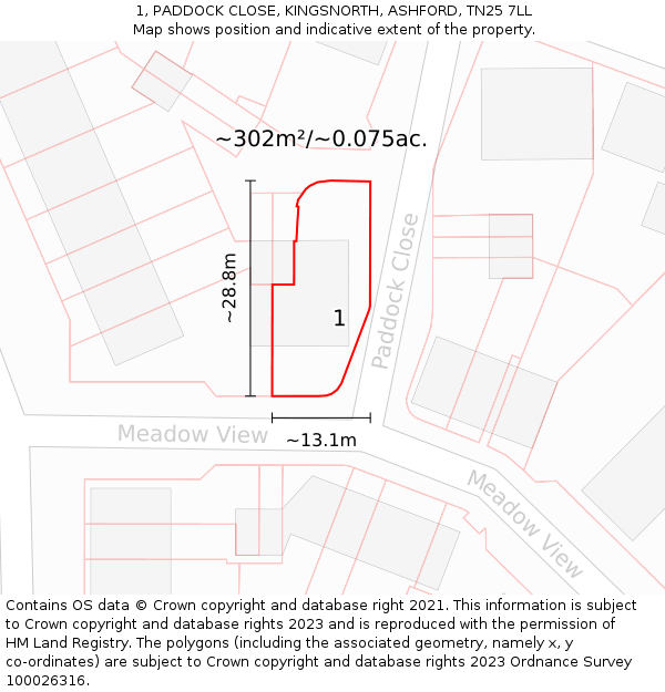 1, PADDOCK CLOSE, KINGSNORTH, ASHFORD, TN25 7LL: Plot and title map