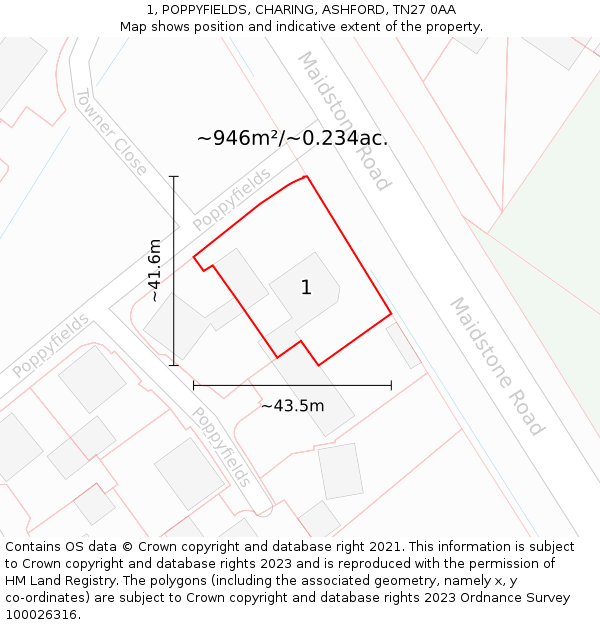 1, POPPYFIELDS, CHARING, ASHFORD, TN27 0AA: Plot and title map