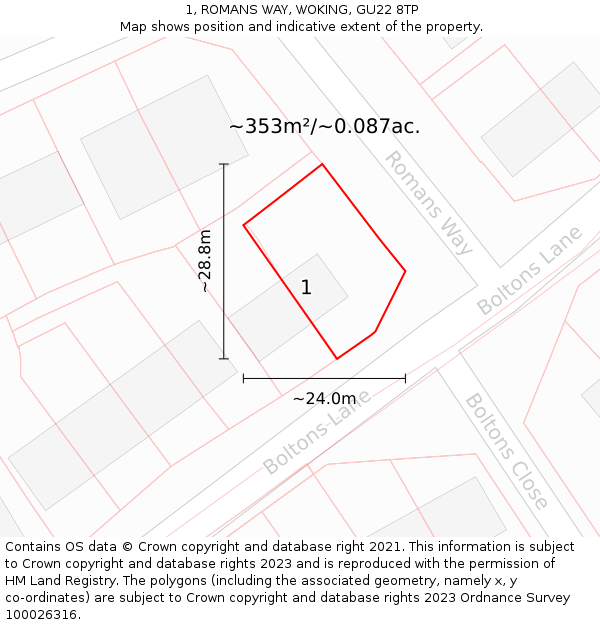 1, ROMANS WAY, WOKING, GU22 8TP: Plot and title map