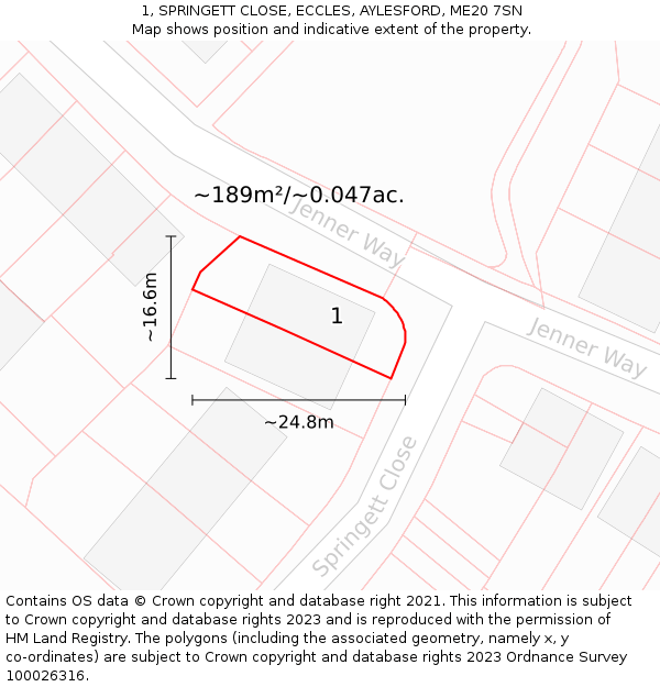 1, SPRINGETT CLOSE, ECCLES, AYLESFORD, ME20 7SN: Plot and title map