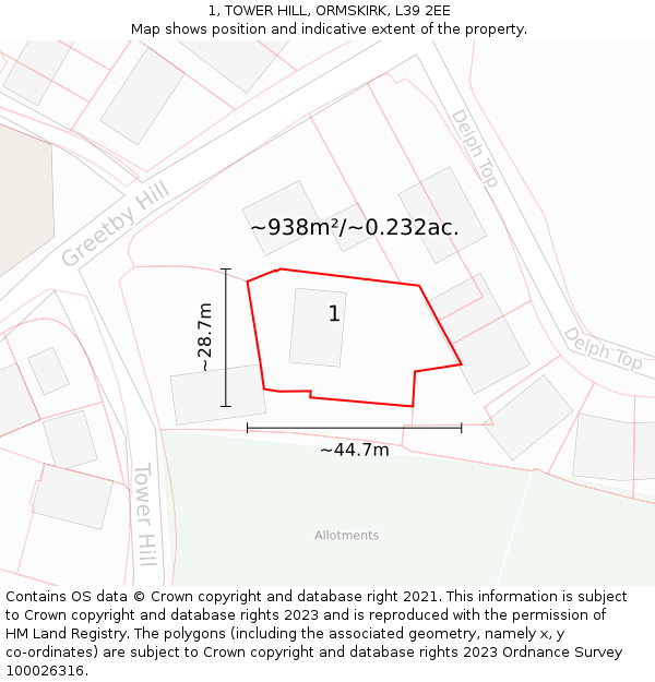 1, TOWER HILL, ORMSKIRK, L39 2EE: Plot and title map