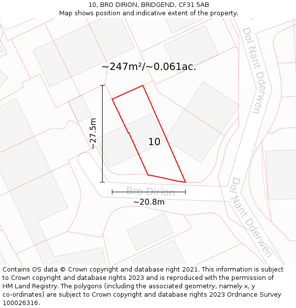 10, BRO DIRION, BRIDGEND, CF31 5AB: Plot and title map