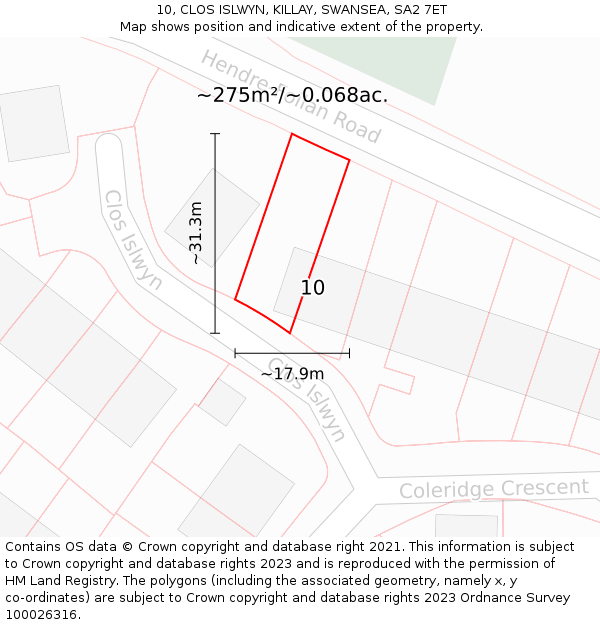 10, CLOS ISLWYN, KILLAY, SWANSEA, SA2 7ET: Plot and title map