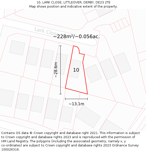 10, LARK CLOSE, LITTLEOVER, DERBY, DE23 2TE: Plot and title map