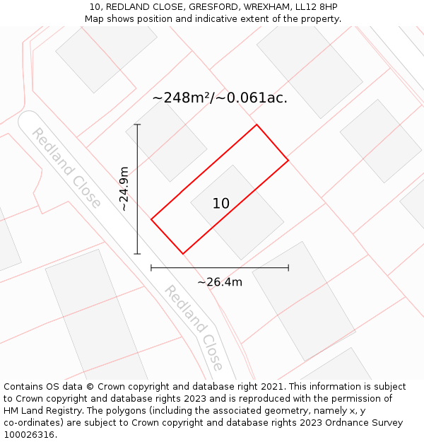 10, REDLAND CLOSE, GRESFORD, WREXHAM, LL12 8HP: Plot and title map