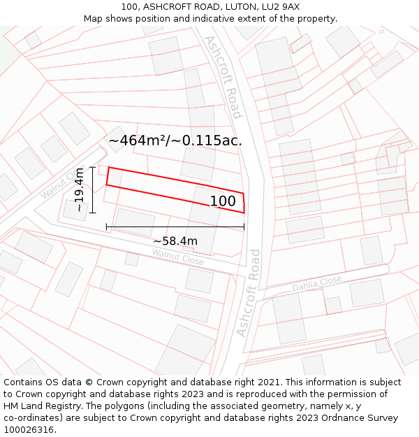 100, ASHCROFT ROAD, LUTON, LU2 9AX: Plot and title map