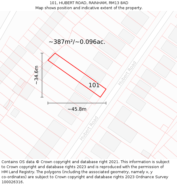 101, HUBERT ROAD, RAINHAM, RM13 8AD: Plot and title map