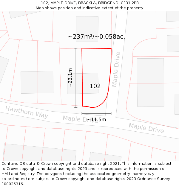 102, MAPLE DRIVE, BRACKLA, BRIDGEND, CF31 2PR: Plot and title map
