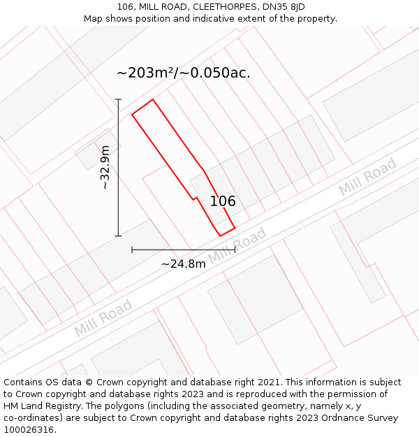 106, MILL ROAD, CLEETHORPES, DN35 8JD: Plot and title map
