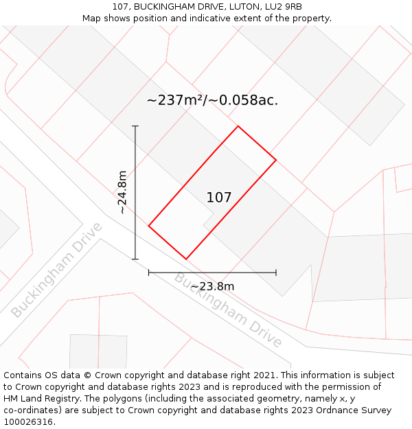 107, BUCKINGHAM DRIVE, LUTON, LU2 9RB: Plot and title map