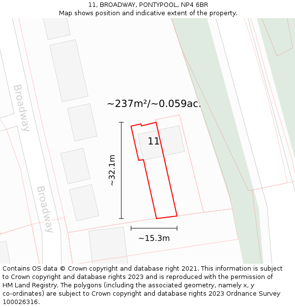 11, BROADWAY, PONTYPOOL, NP4 6BR: Plot and title map