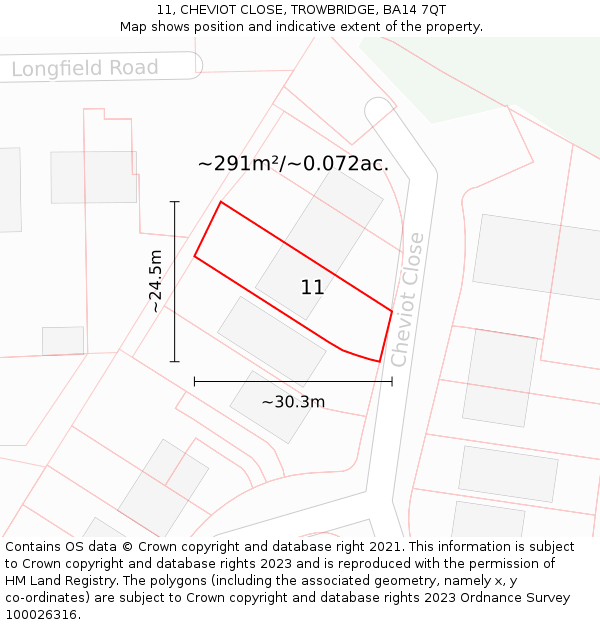 11, CHEVIOT CLOSE, TROWBRIDGE, BA14 7QT: Plot and title map