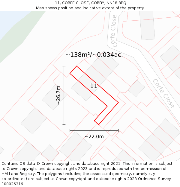 11, CORFE CLOSE, CORBY, NN18 8PQ: Plot and title map