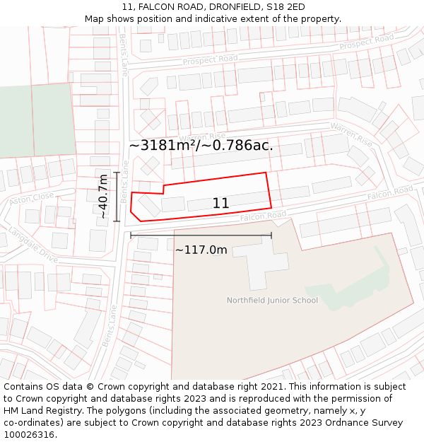 11, FALCON ROAD, DRONFIELD, S18 2ED: Plot and title map