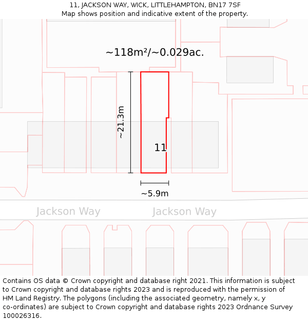 11, JACKSON WAY, WICK, LITTLEHAMPTON, BN17 7SF: Plot and title map
