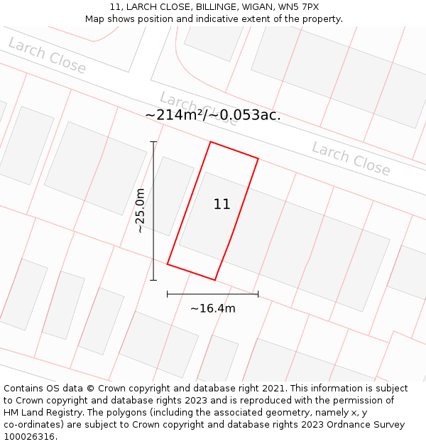 11, LARCH CLOSE, BILLINGE, WIGAN, WN5 7PX: Plot and title map