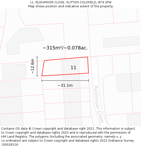 11, RUSHMOOR CLOSE, SUTTON COLDFIELD, B74 2PW: Plot and title map
