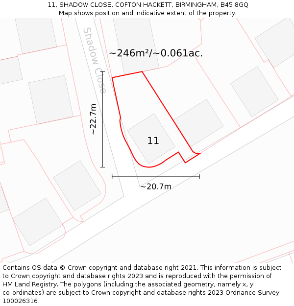 11, SHADOW CLOSE, COFTON HACKETT, BIRMINGHAM, B45 8GQ: Plot and title map