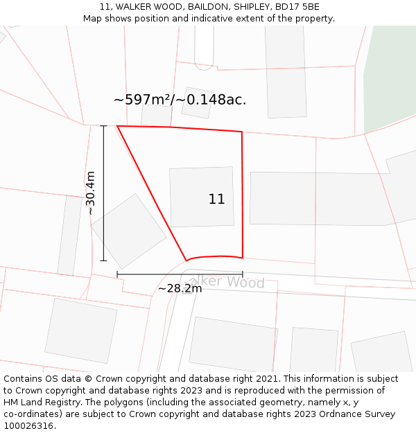 11, WALKER WOOD, BAILDON, SHIPLEY, BD17 5BE: Plot and title map