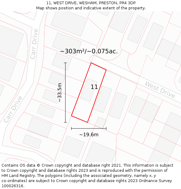 11, WEST DRIVE, WESHAM, PRESTON, PR4 3DP: Plot and title map