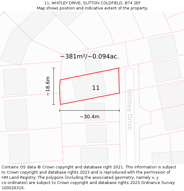 11, WHITLEY DRIVE, SUTTON COLDFIELD, B74 2EF: Plot and title map