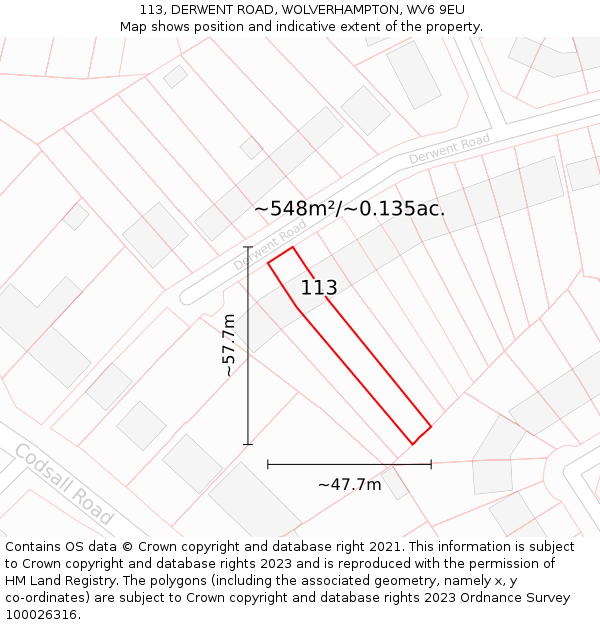113, DERWENT ROAD, WOLVERHAMPTON, WV6 9EU: Plot and title map