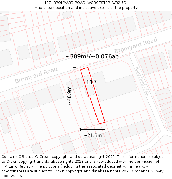 117, BROMYARD ROAD, WORCESTER, WR2 5DL: Plot and title map