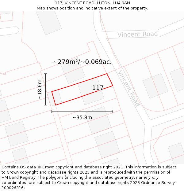 117, VINCENT ROAD, LUTON, LU4 9AN: Plot and title map