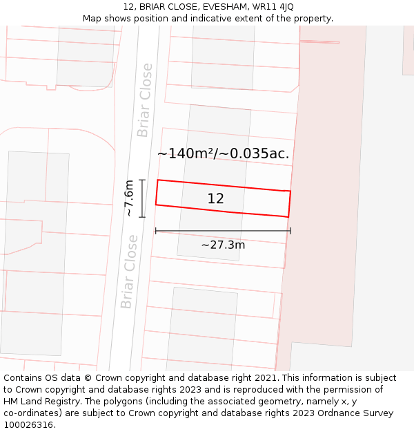 12, BRIAR CLOSE, EVESHAM, WR11 4JQ: Plot and title map