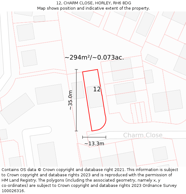 12, CHARM CLOSE, HORLEY, RH6 8DG: Plot and title map