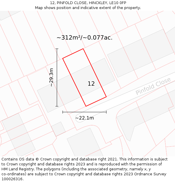 12, PINFOLD CLOSE, HINCKLEY, LE10 0FP: Plot and title map