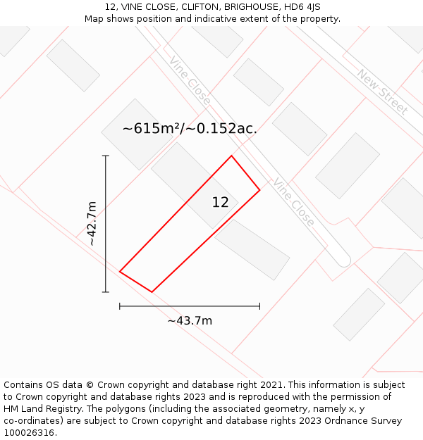 12, VINE CLOSE, CLIFTON, BRIGHOUSE, HD6 4JS: Plot and title map