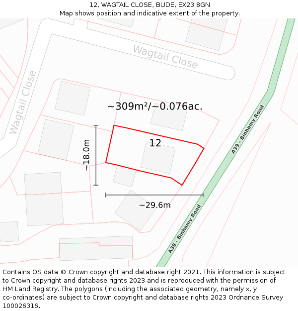 12, WAGTAIL CLOSE, BUDE, EX23 8GN: Plot and title map