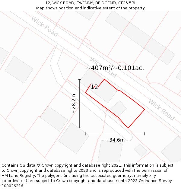 12, WICK ROAD, EWENNY, BRIDGEND, CF35 5BL: Plot and title map