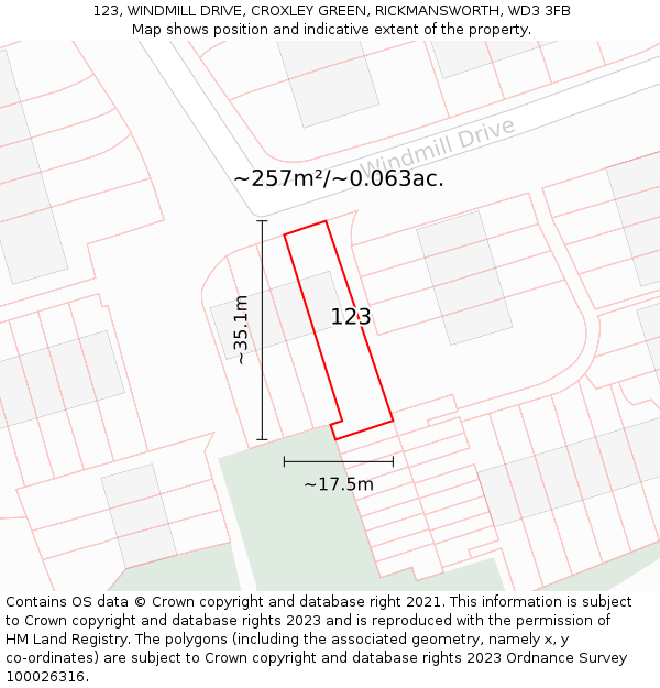 123, WINDMILL DRIVE, CROXLEY GREEN, RICKMANSWORTH, WD3 3FB: Plot and title map