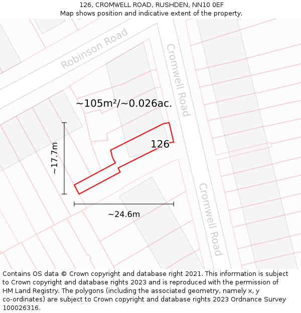 126, CROMWELL ROAD, RUSHDEN, NN10 0EF: Plot and title map
