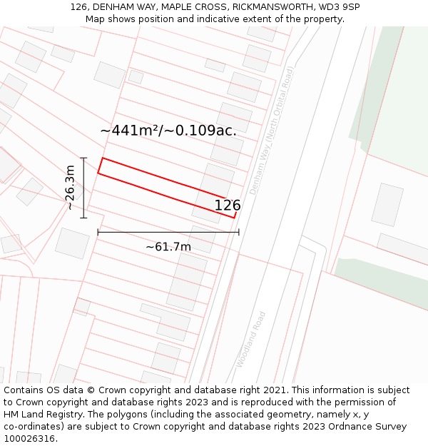 126, DENHAM WAY, MAPLE CROSS, RICKMANSWORTH, WD3 9SP: Plot and title map