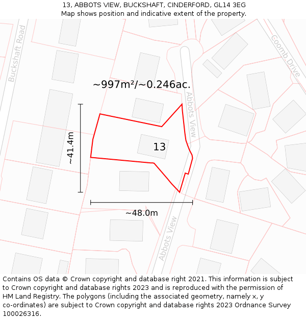 13, ABBOTS VIEW, BUCKSHAFT, CINDERFORD, GL14 3EG: Plot and title map
