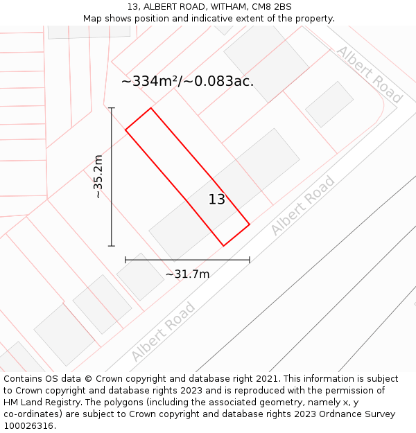 13, ALBERT ROAD, WITHAM, CM8 2BS: Plot and title map
