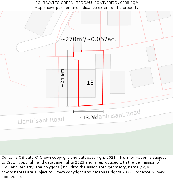 13, BRYNTEG GREEN, BEDDAU, PONTYPRIDD, CF38 2QA: Plot and title map