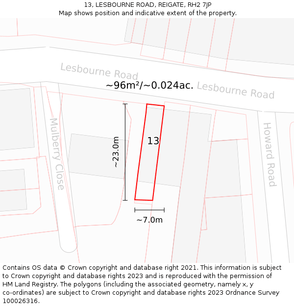 13, LESBOURNE ROAD, REIGATE, RH2 7JP: Plot and title map