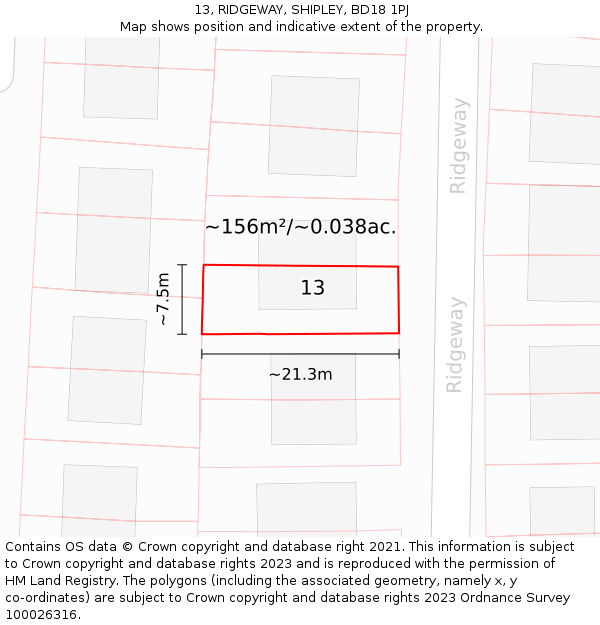 13, RIDGEWAY, SHIPLEY, BD18 1PJ: Plot and title map