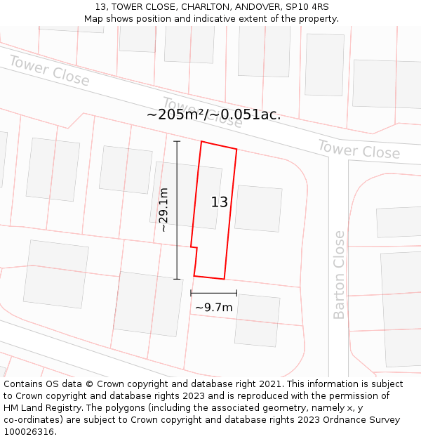 13, TOWER CLOSE, CHARLTON, ANDOVER, SP10 4RS: Plot and title map